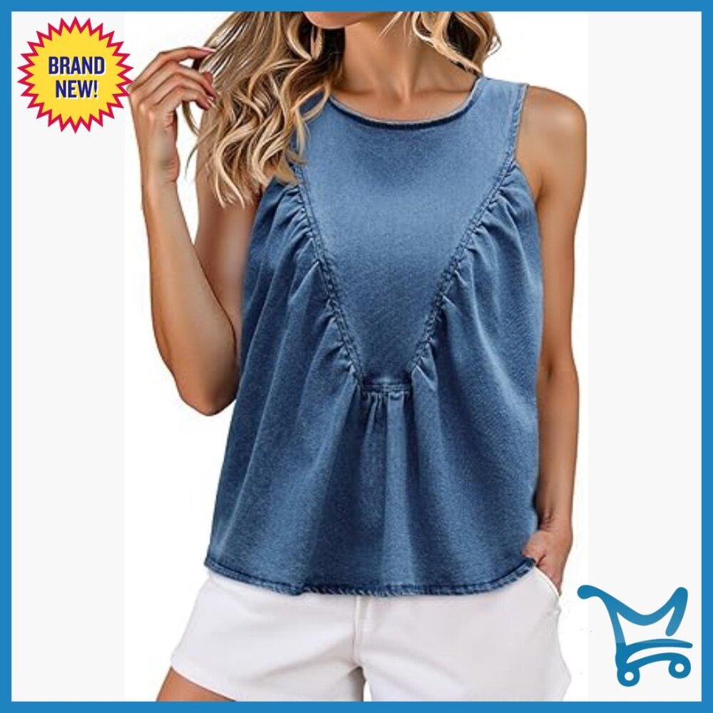 Babydoll Peplum Denim Tank Top Loose Fit Swing Flowy Shirred Sleeveless Tee